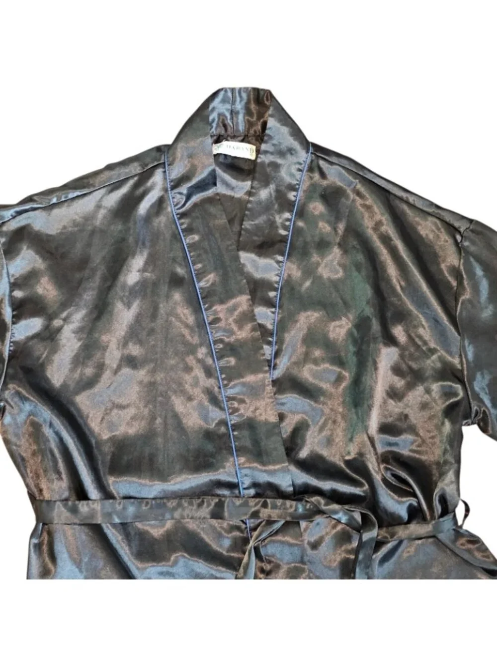 VTG Mens Satin Robe Black Blue Trim Sz One Size Mid-length Shiny Sexy‎